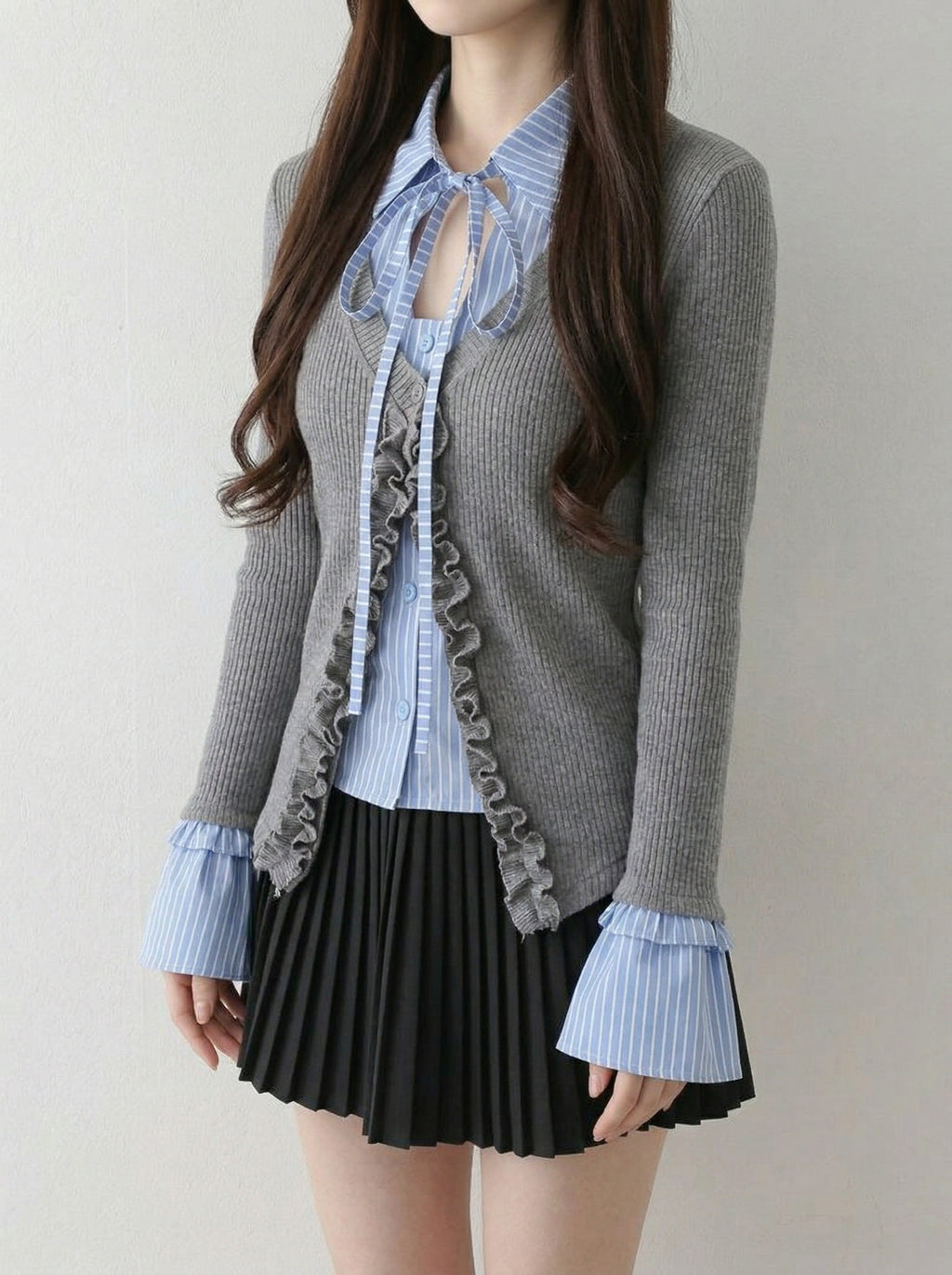 シャツリボンレイヤードカーディガントップス