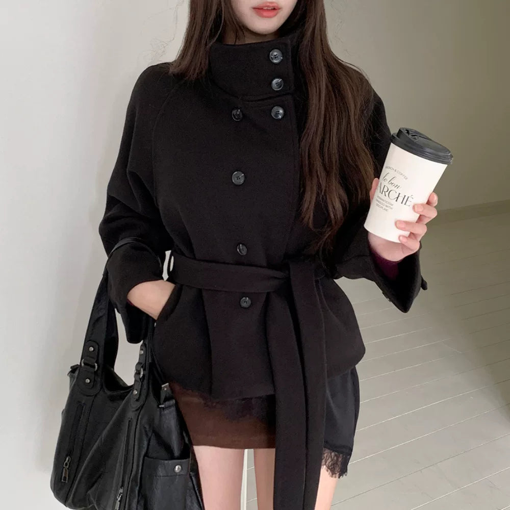 ウエストリボンスタンドカラーショートコート