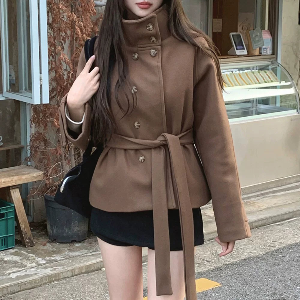ウエストリボンスタンドカラーショートコート